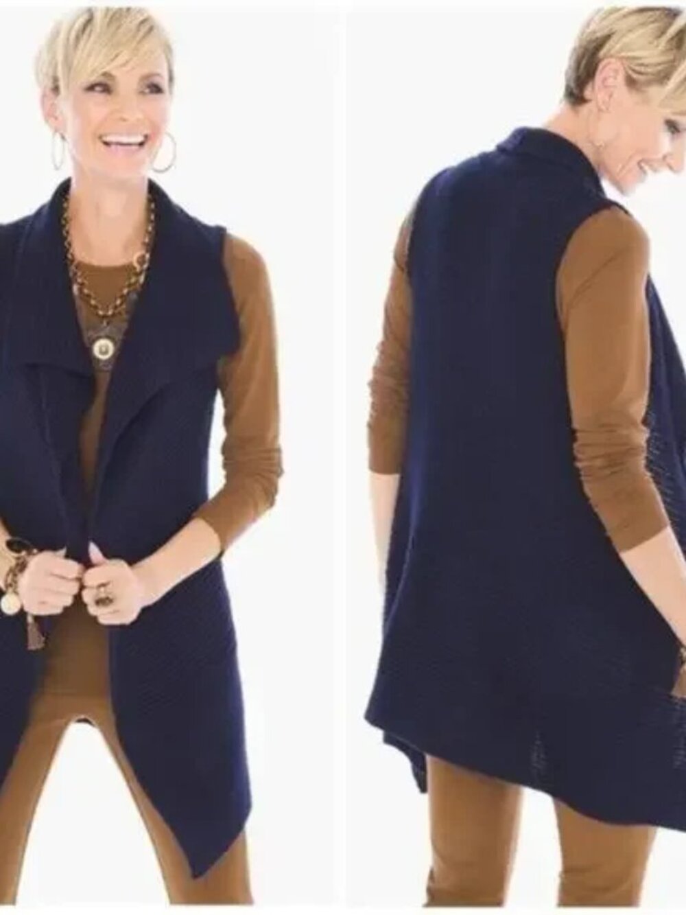Chico's Navy Blue Shimmer Open Chunky Knit Grandmacore Vest with Pockets